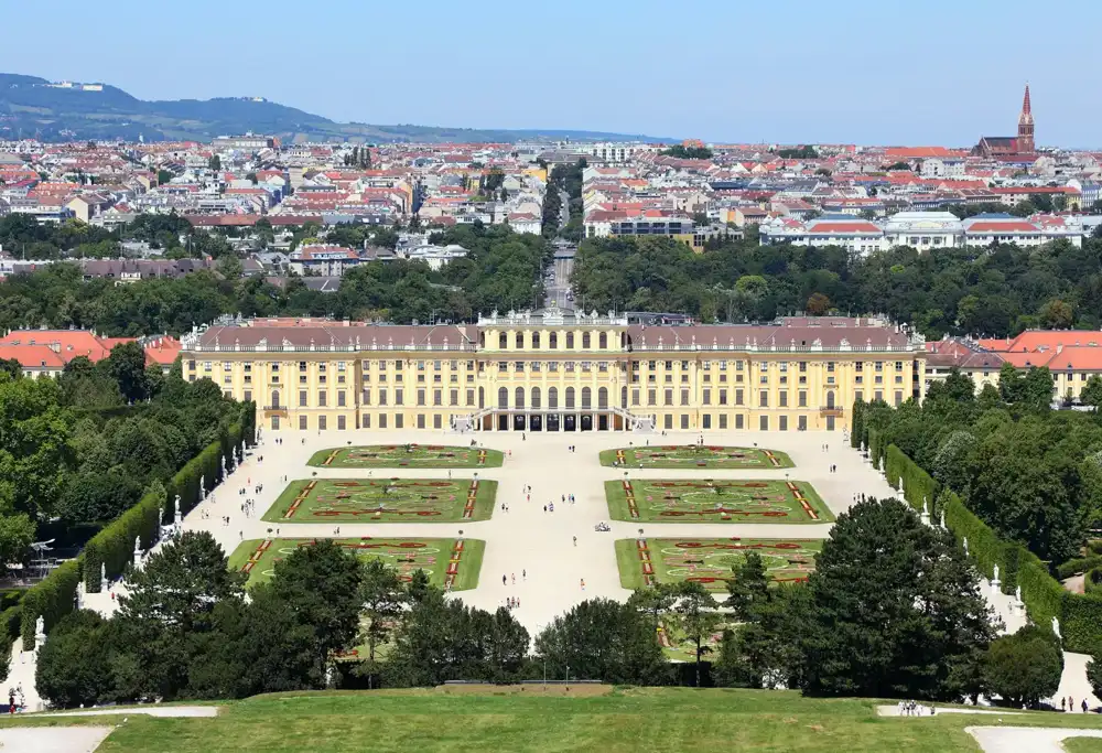 Schönbrunn Palace with its symmetrical gardens in Vienna