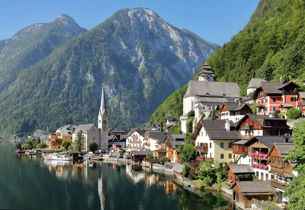 Hallstatt village beside its lake and Alpine mountains