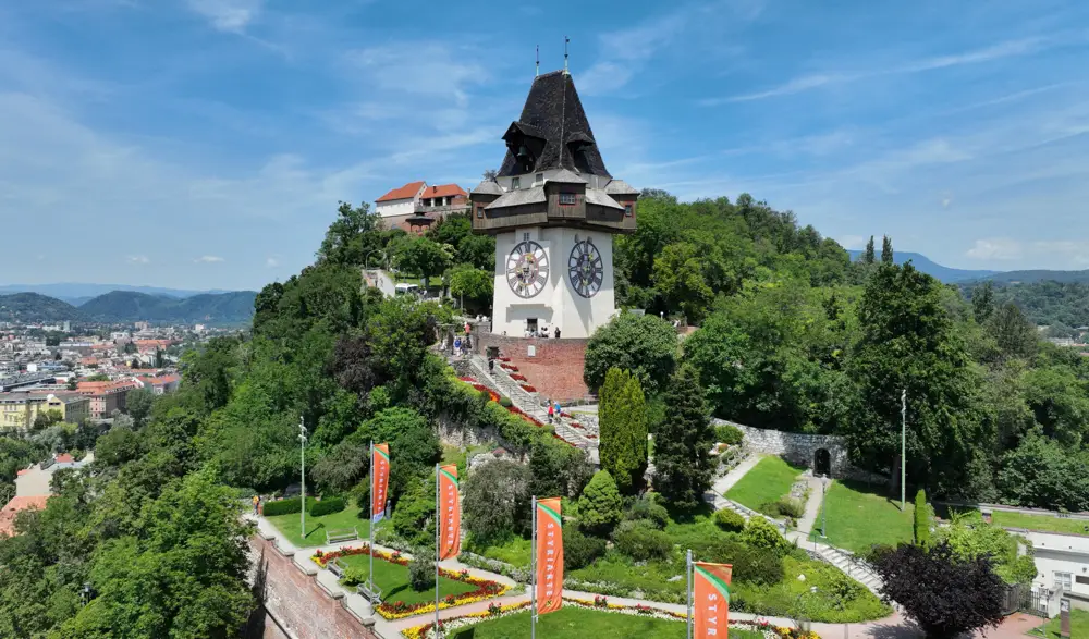 The Graz clock tower on Schlossberg overlooking the city